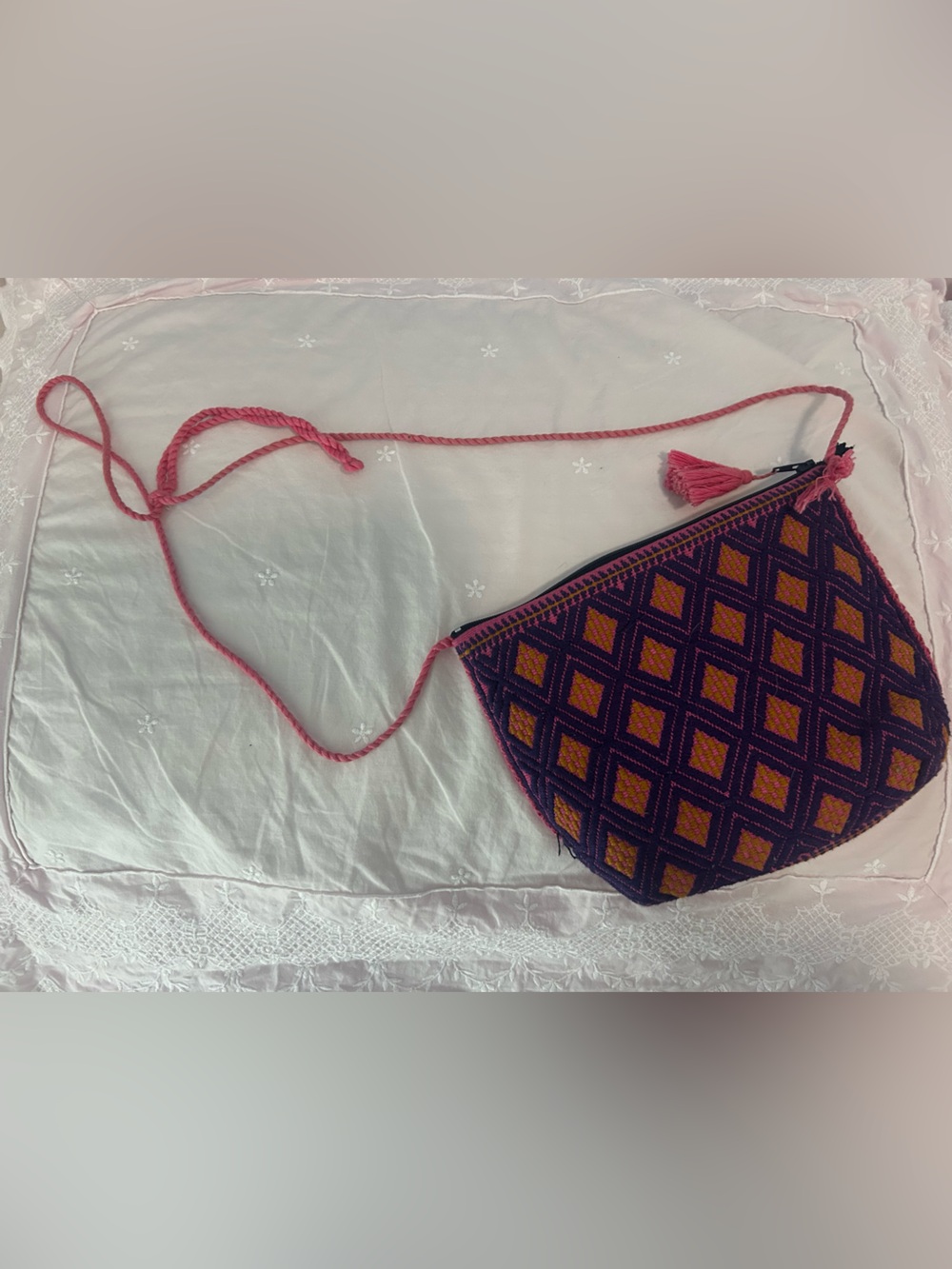 Mexico Handwoven Diamond Crossbody Bag in Pink and Purple